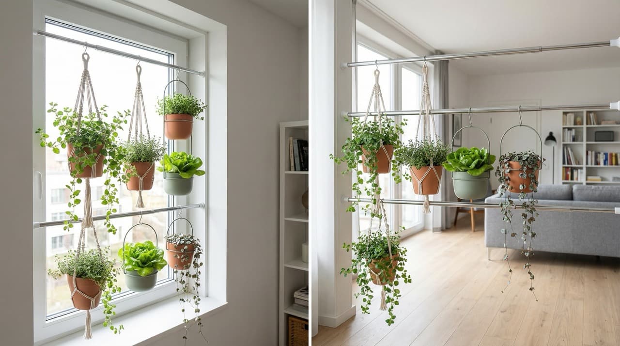 Vertical garden on tension rods in apartment window